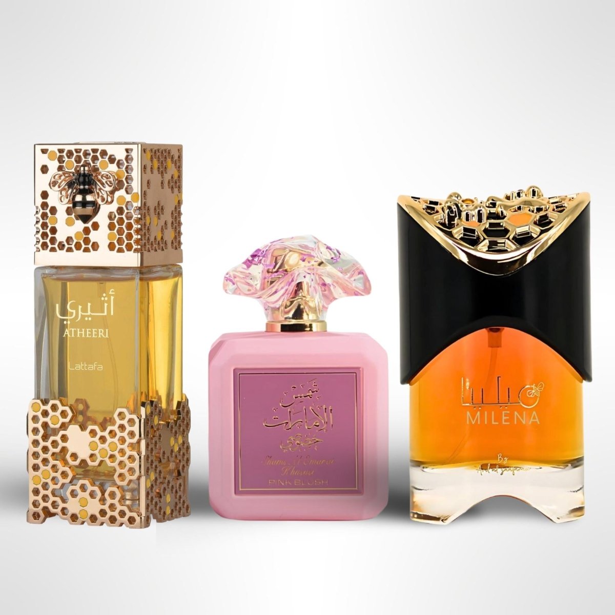 Lattafa Milena + Atheeri + Pink Blush Shams Al Emarat Khususi Eau by Lattafa — Authentic Arabic Fragrance | Qamare