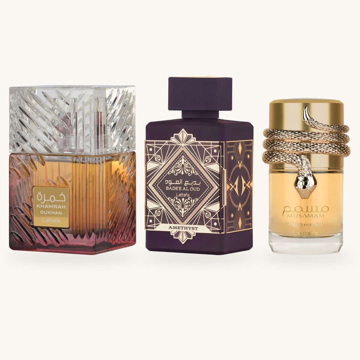 Oud Royalty Set — Khamrah Dukhan + Badee Al Oud Amethyst + Musamam (3 x 100ml EDP) by Qamare — Authentic Arabic Fragrance | Qamare