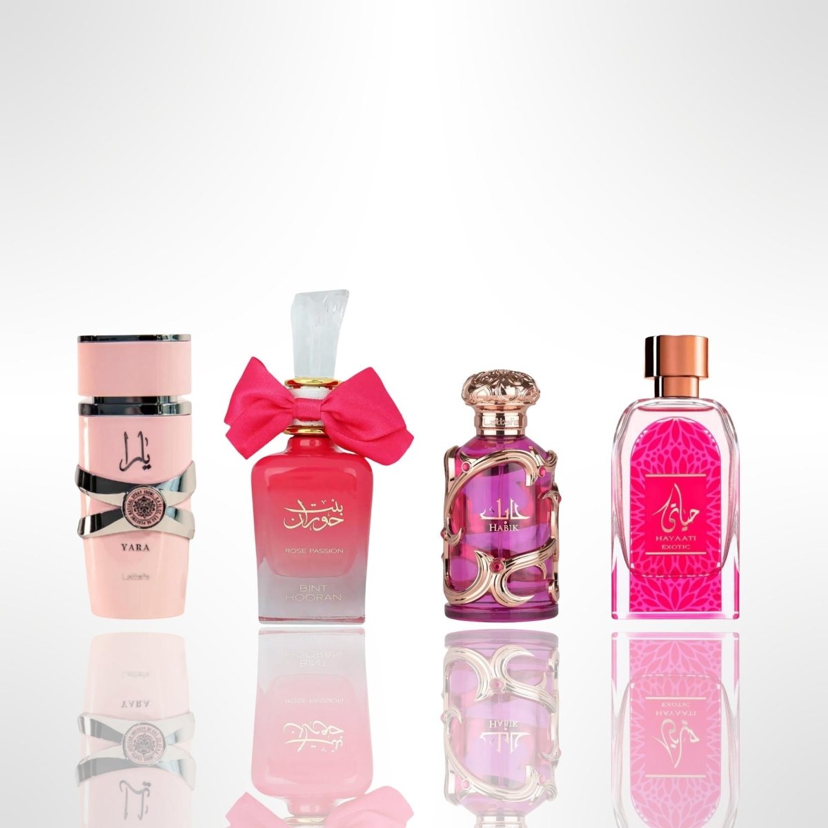 Lattafa Hayaati Exotic + Bint Hooran Rose Passion + 2 More — by Lattafa — Authentic Arabic Fragrance | Qamare
