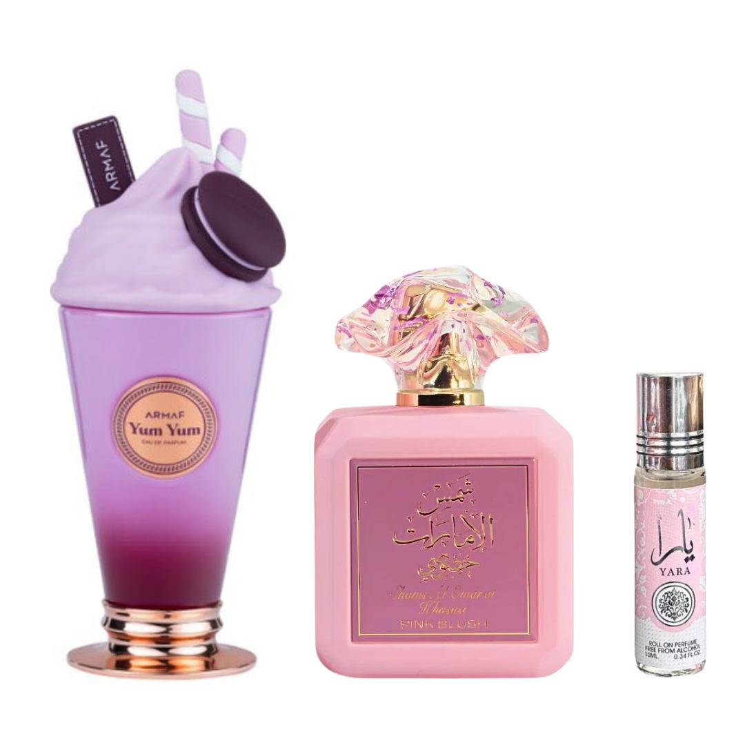 Yum Yum + Shams Al Emarat Pink Blush + 1 More — 3-Piece Bundle by Qamare — Authentic Arabic Fragrance | Qamare