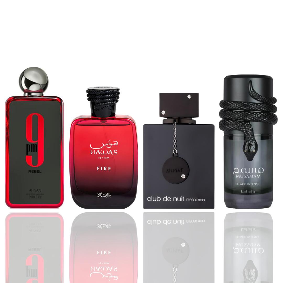 9pm Rebel + Hawas Fire + 2 More — 4-Piece Bundle by Qamare — Authentic Arabic Fragrance | Qamare