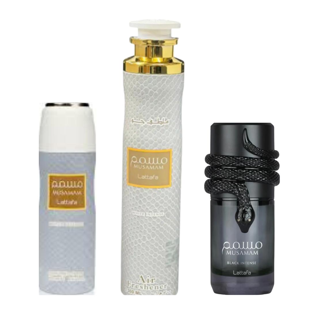 Musamam White Deodorant + Musamam White Air Freshener + 1 More — by Qamare — Authentic Arabic Fragrance | Qamare