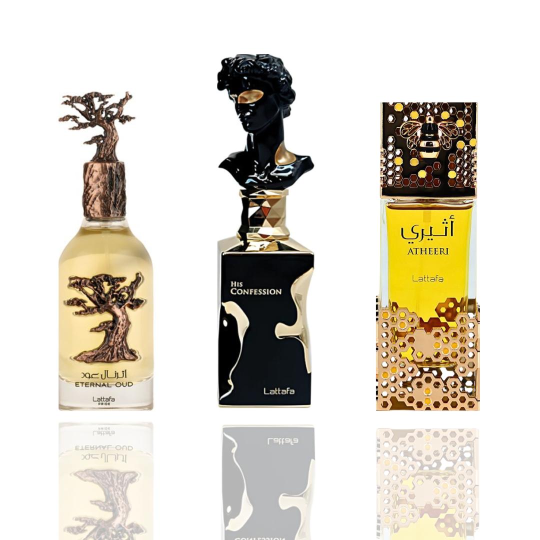 Eternal Oud + His Confession + 1 More — 3-Piece Bundle by Qamare — Authentic Arabic Fragrance | Qamare
