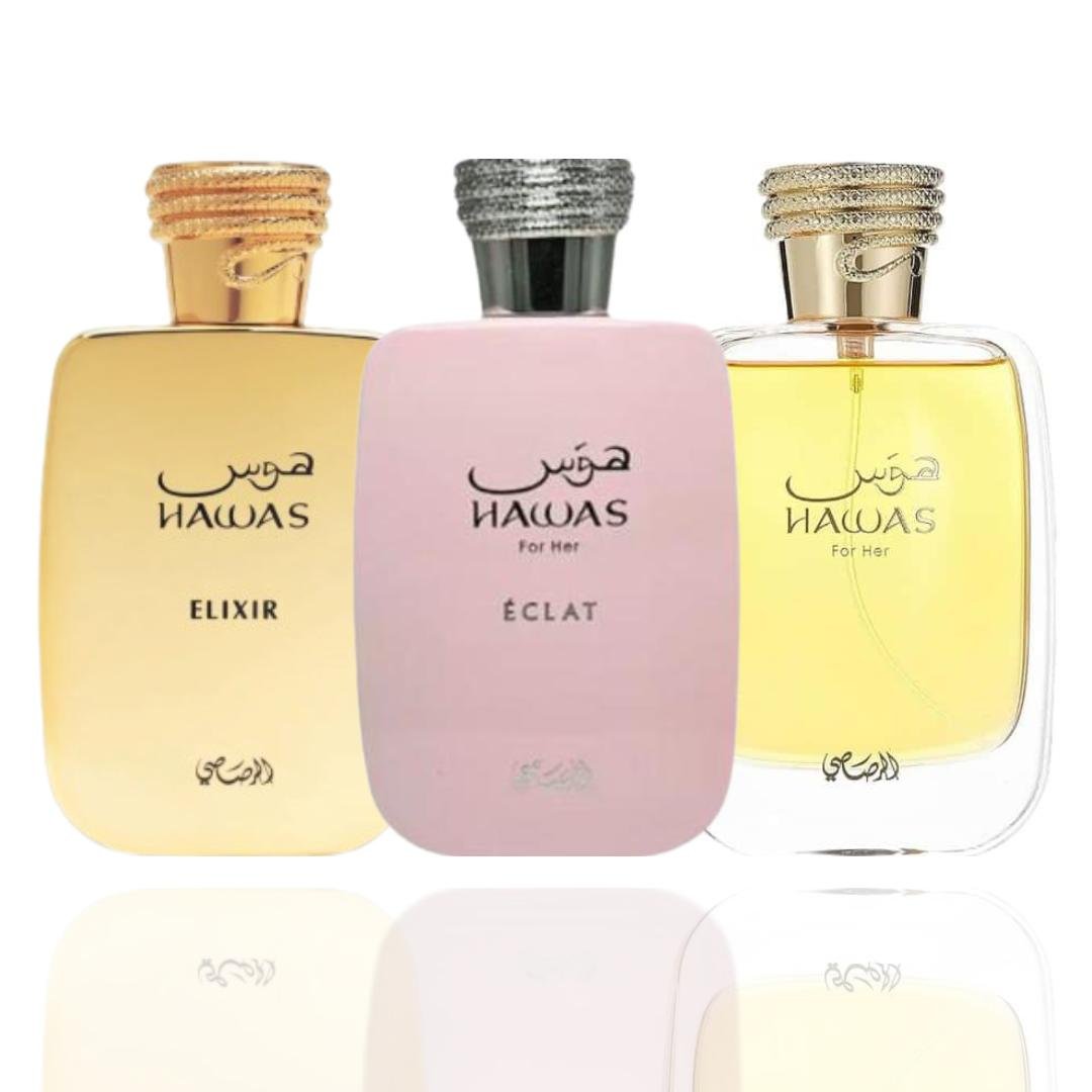 Hawas Elixir + Hawas + 1 More — 3-Piece Bundle by Qamare — Authentic Arabic Fragrance | Qamare