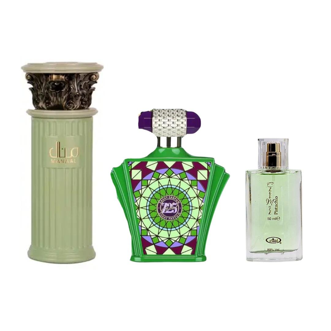 Manaal + Zakat Z25 + 1 More — 3-Piece Bundle by Qamare — Authentic Arabic Fragrance | Qamare