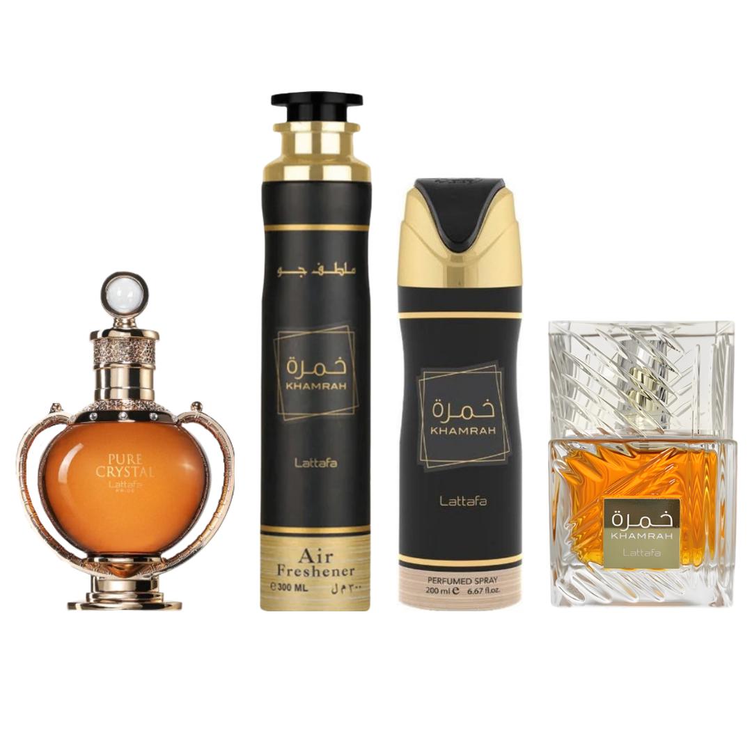 Crystal + Khamrah + Khamrah Depdorant + Khamrah Air Freshener Air by Qamare — Authentic Arabic Fragrance | Qamare