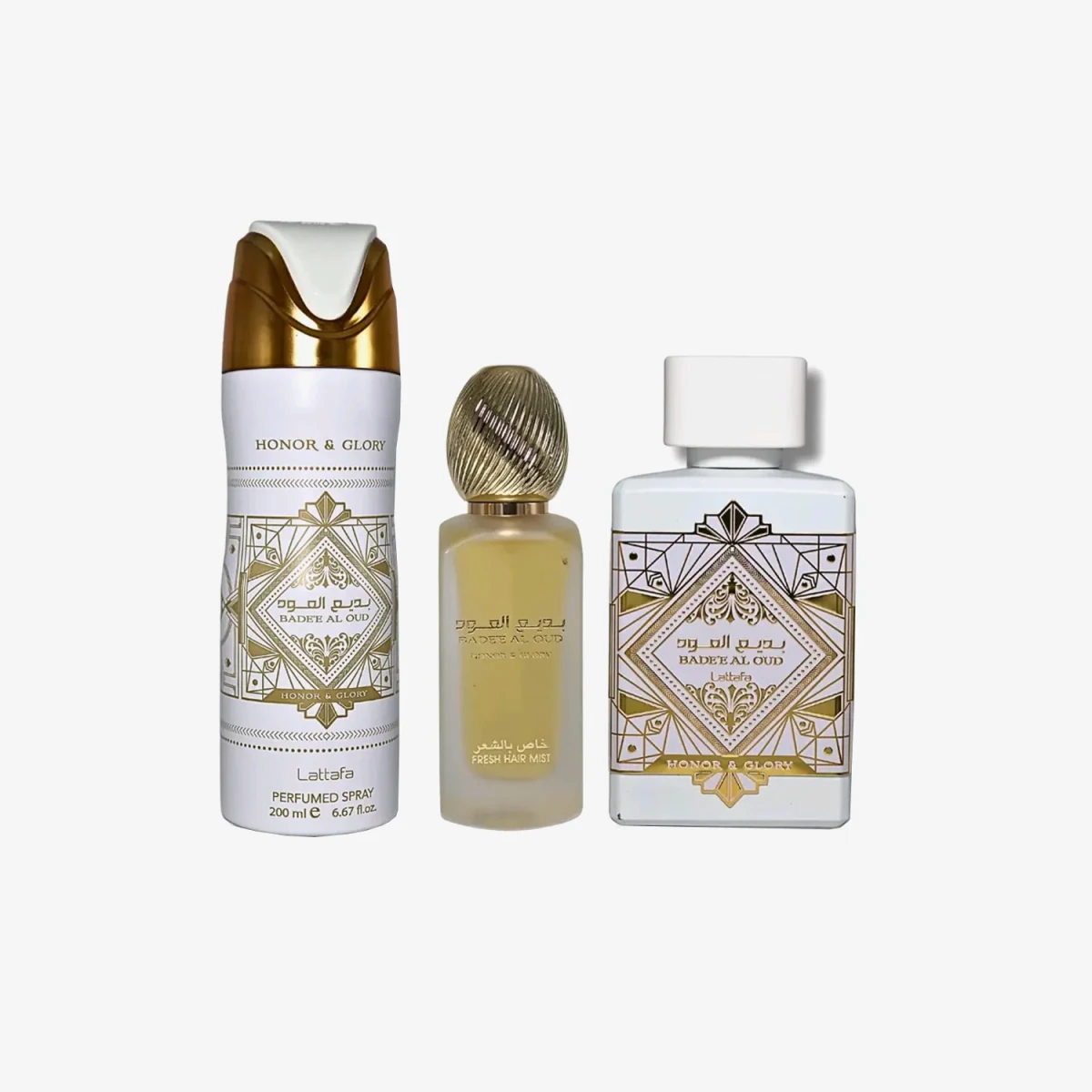 Lattafa Badee Al Oud Honor And Glory 3Pcs Gift Set With 100 ML EDP + 200ML Deo + 300ML Air Freshner by Lattafa — Authentic Arabic Fragrance | Qamare