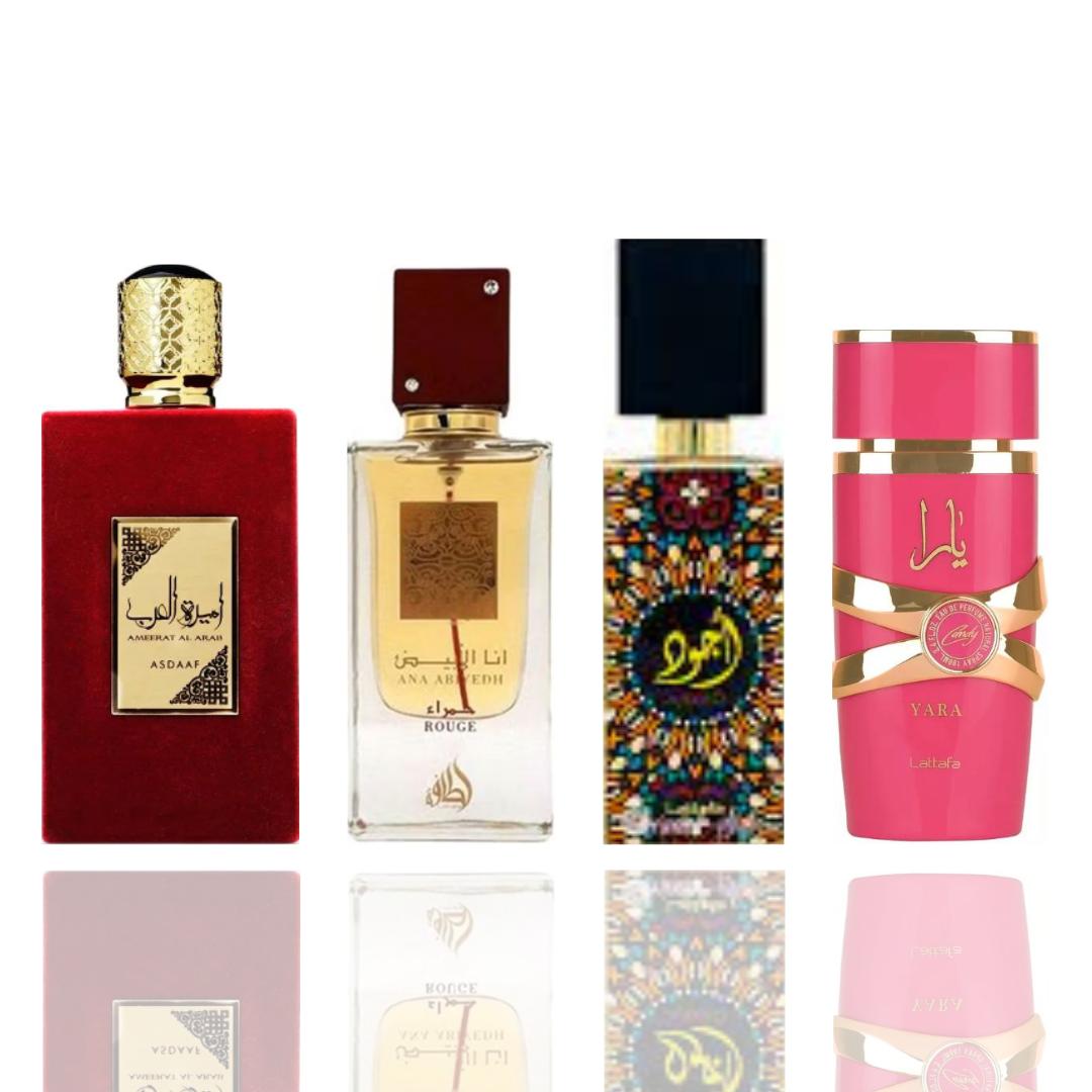 Ameerat Al Arab Red + Ana Abiyedh Rouge + 2 More — 4-Piece Bundle by Qamare — Authentic Arabic Fragrance | Qamare