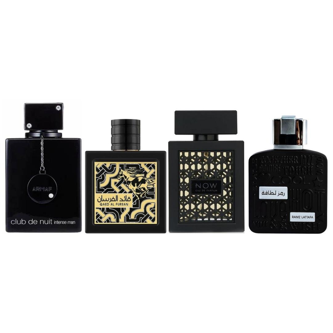 Lattafa Ramz Silver + rave Now Black + 2 More — 4-Piece Bundle by Lattafa — Authentic Arabic Fragrance | Qamare