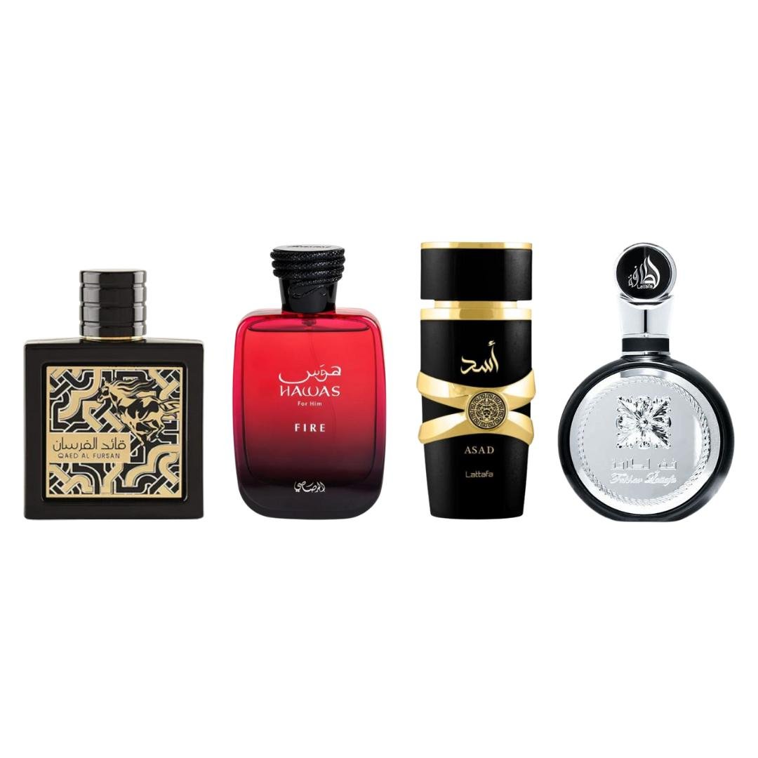 Lattafa Hawas Fire + Asad + 2 More — 4-Piece Bundle by Lattafa — Authentic Arabic Fragrance | Qamare
