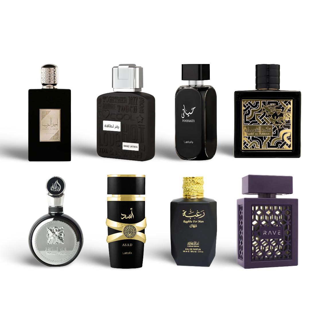 Lattafa Raghba + Rave + 6 More — 8-Piece Bundle by Lattafa — Authentic Arabic Fragrance | Qamare