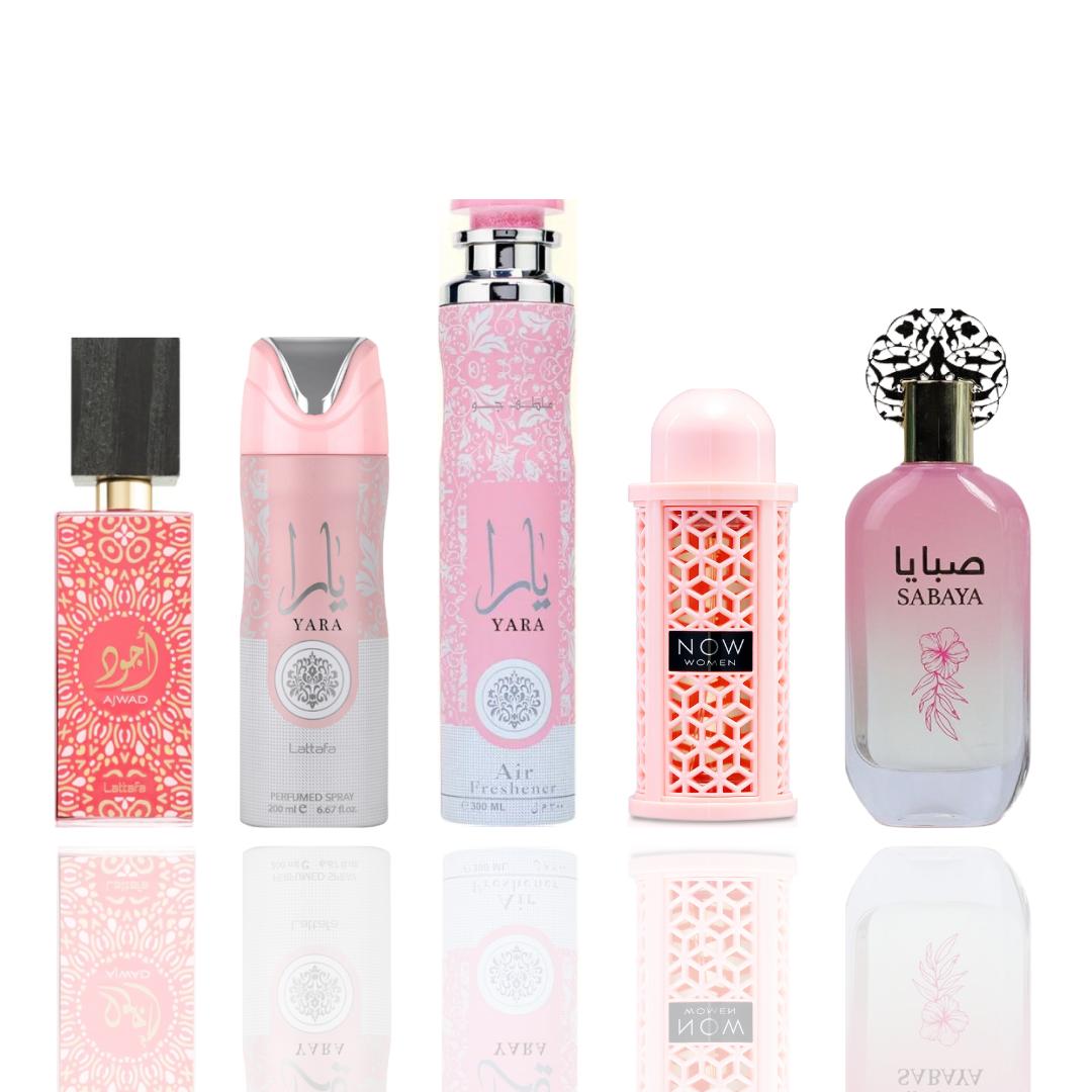 Ajwad Pink + Yara Deodorant + 3 More — 5-Piece Bundle by Qamare — Authentic Arabic Fragrance | Qamare