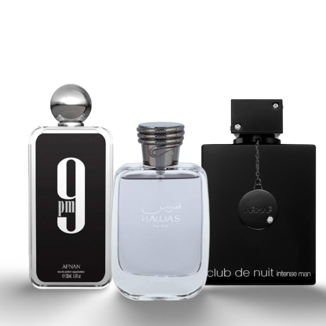 Afnan Rasasi Hawas + Club De Nuit Black + 1 More — 3-Piece Bundle by Afnan — Authentic Arabic Fragrance | Qamare