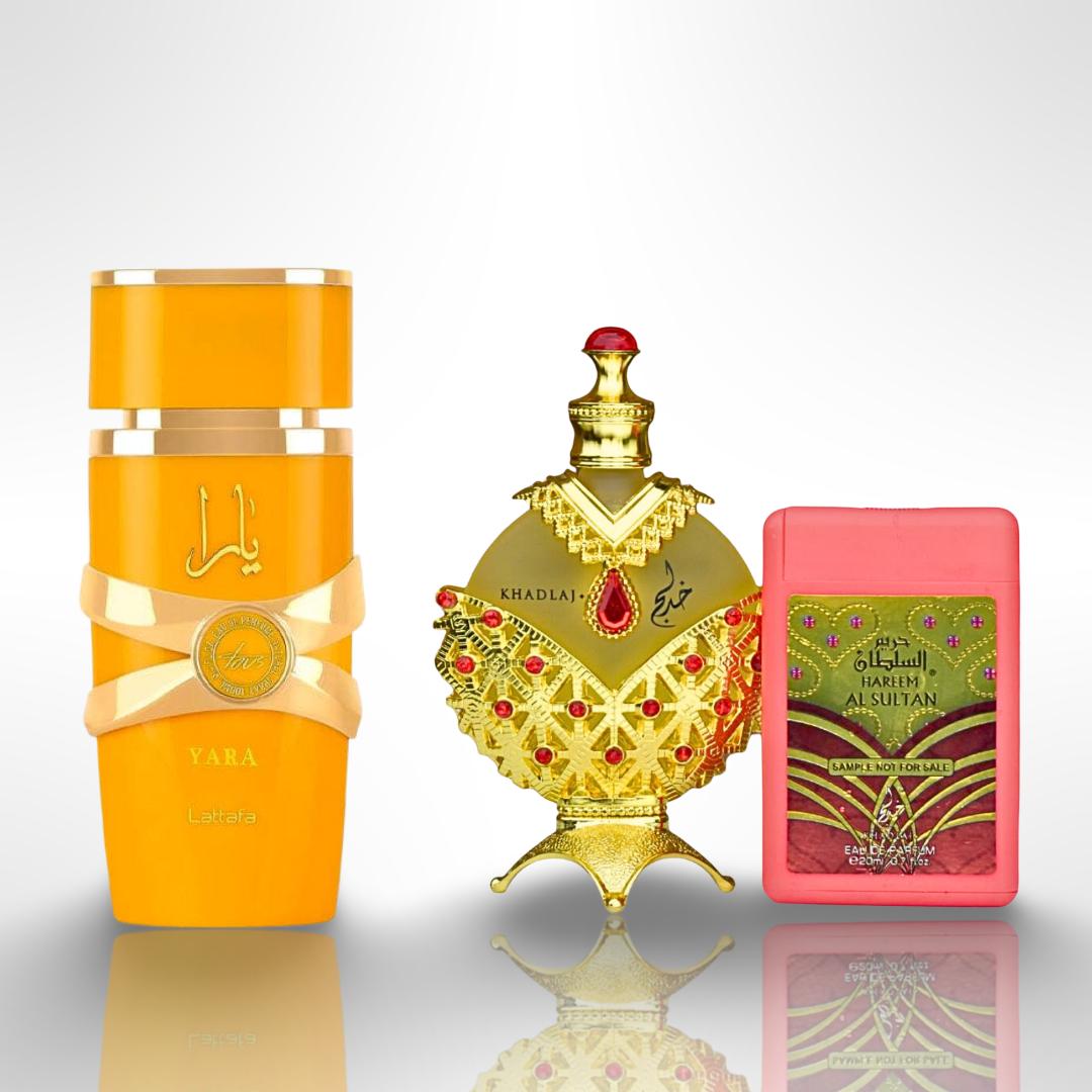 Lattafa Hareem Al Sultan Gold Oil + Tester Khadlaj + Yara Tous Oil by Lattafa — Authentic Arabic Fragrance | Qamare