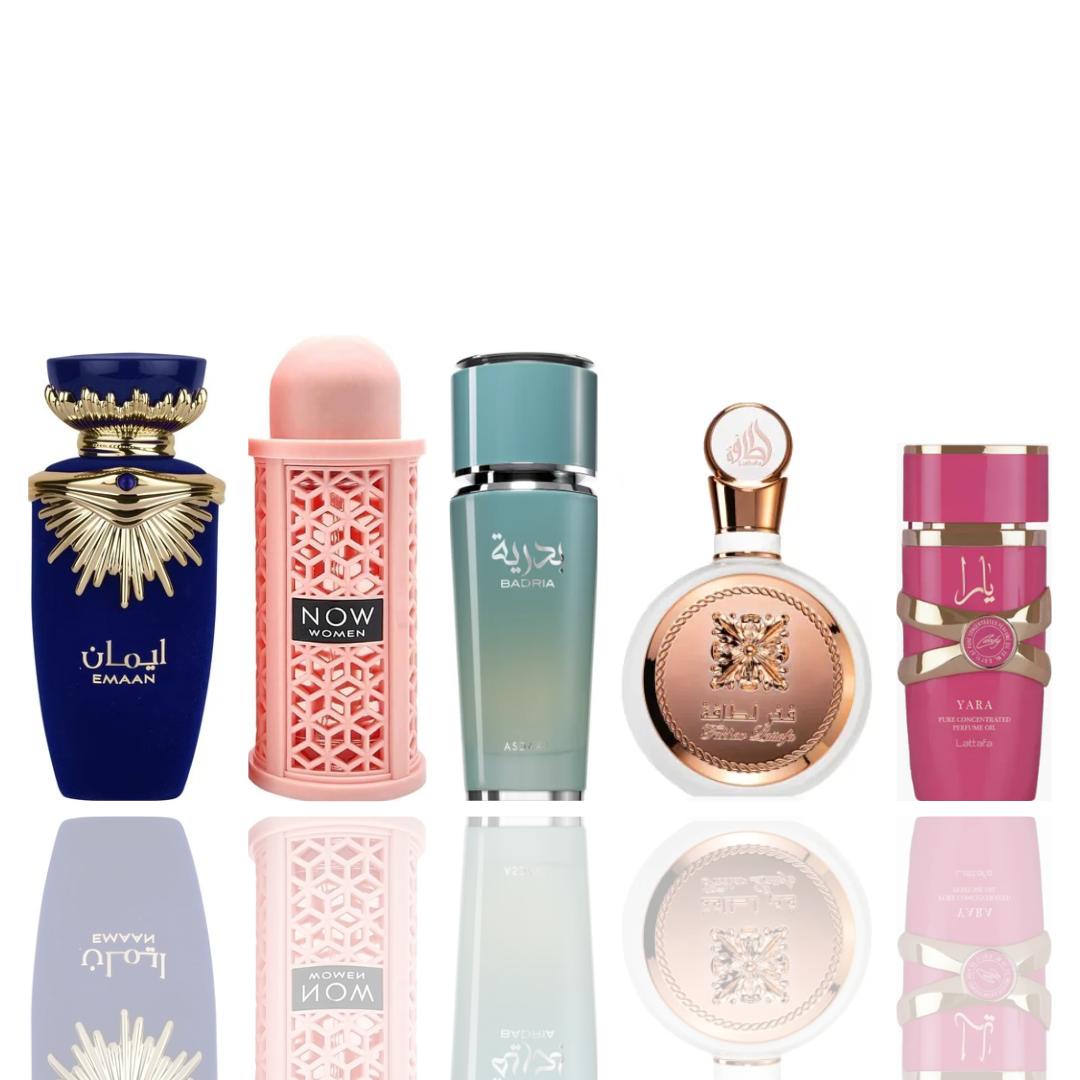 Lattafa Emaan + Now Pink + 3 More — 5-Piece Bundle by Lattafa — Authentic Arabic Fragrance | Qamare