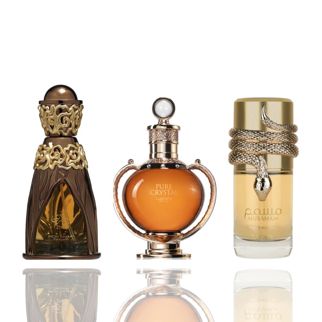Zikra + Crytsal + 1 More — 3-Piece Bundle by Qamare — Authentic Arabic Fragrance | Qamare
