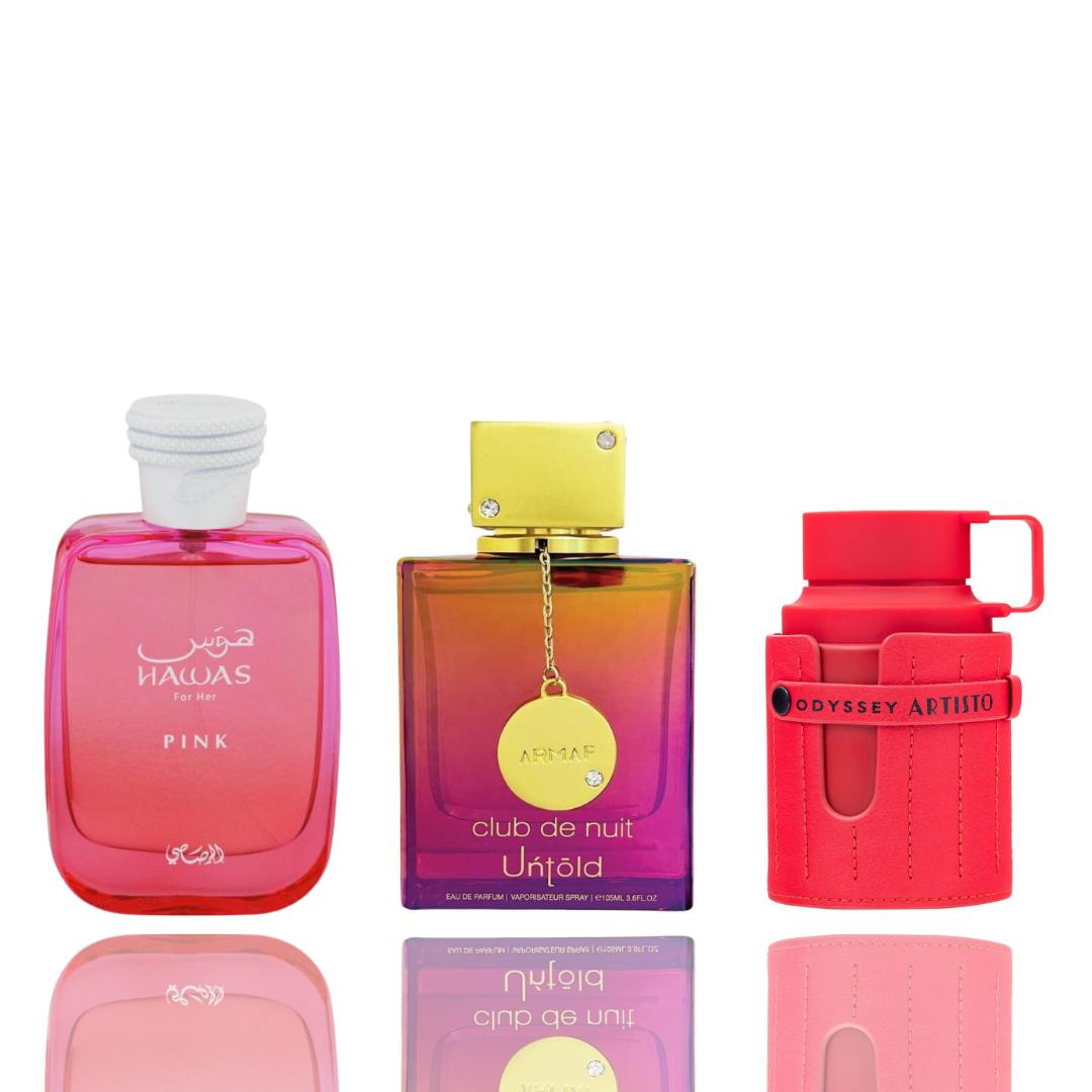 Odyssey Artisto + Hawas Pink + 1 More — 3-Piece Bundle by Qamare — Authentic Arabic Fragrance | Qamare