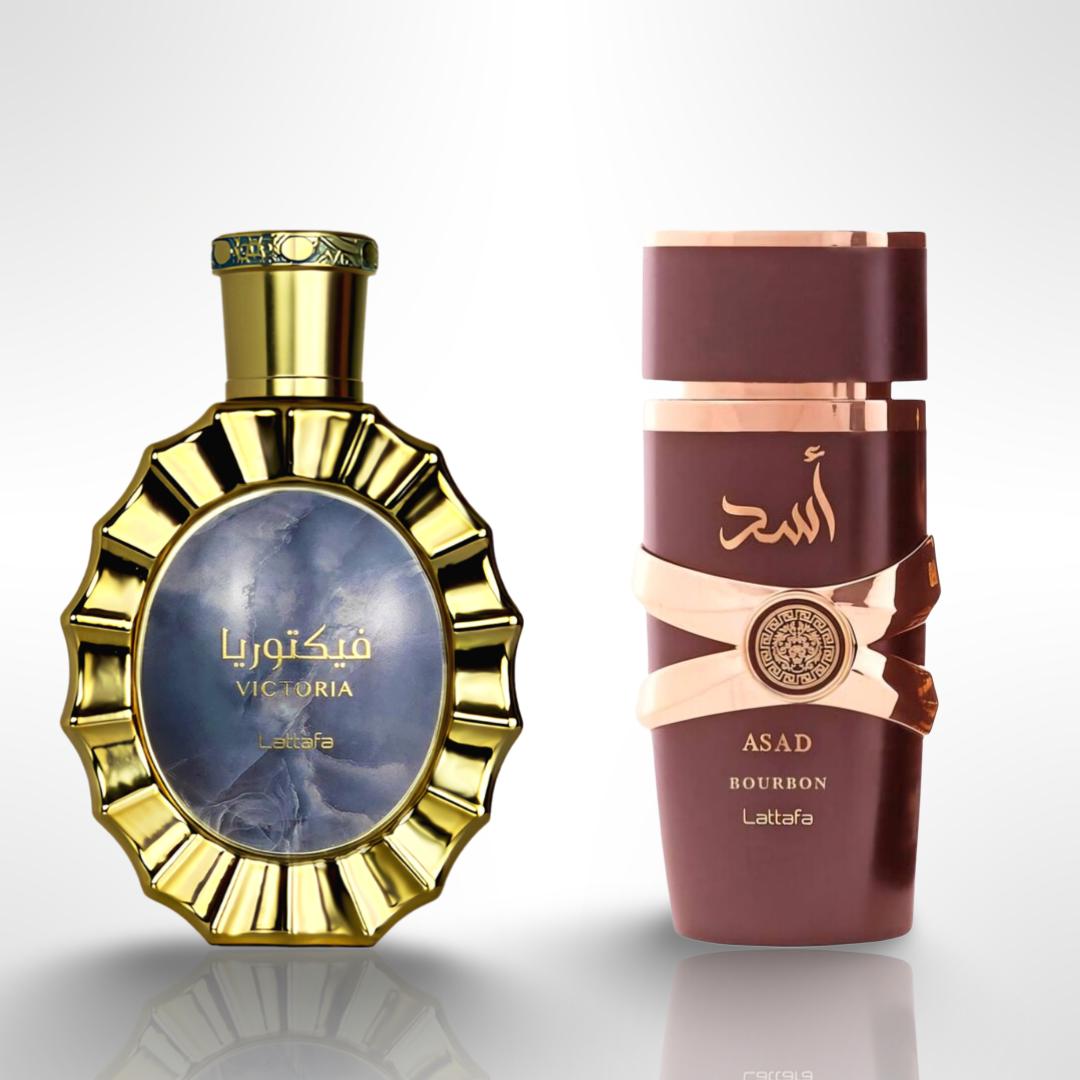 Lattafa Victoria + Asad Burbon — 2-Piece Set by Lattafa — Authentic Arabic Fragrance | Qamare