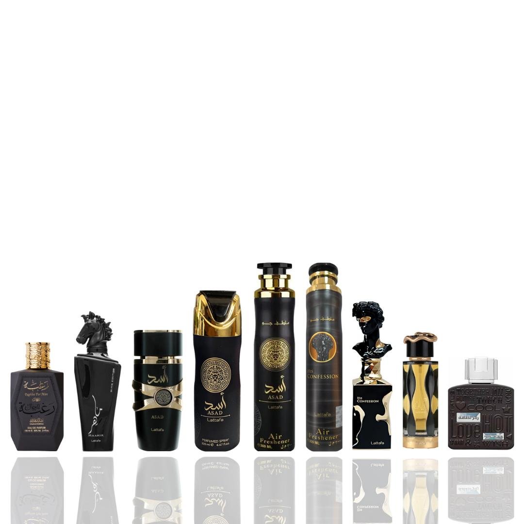 Lattafa Raghba + Maahir Black Edition + 7 More — 9-Piece Bundle by Lattafa — Authentic Arabic Fragrance | Qamare