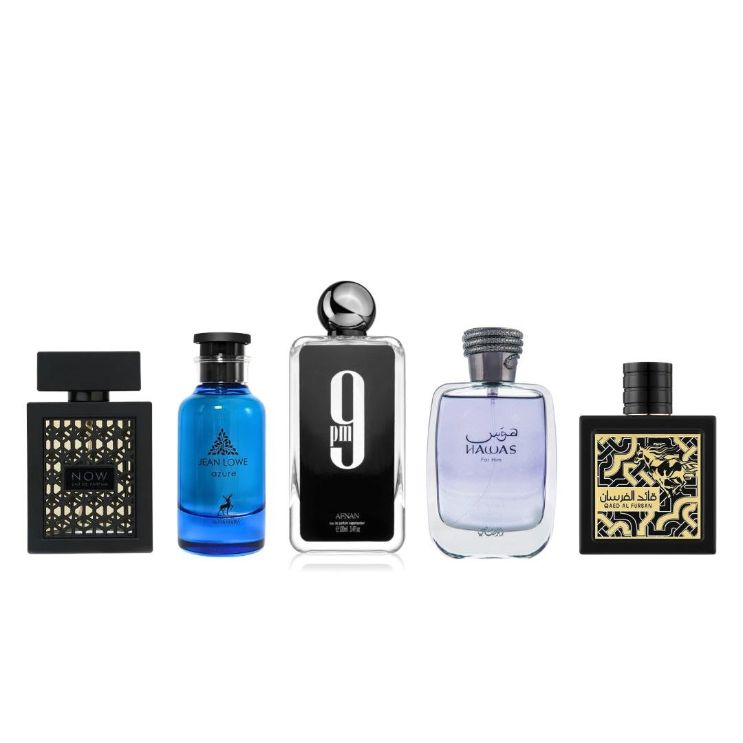 9pm + Now Black + 3 More — 5-Piece Bundle by Qamare — Authentic Arabic Fragrance | Qamare