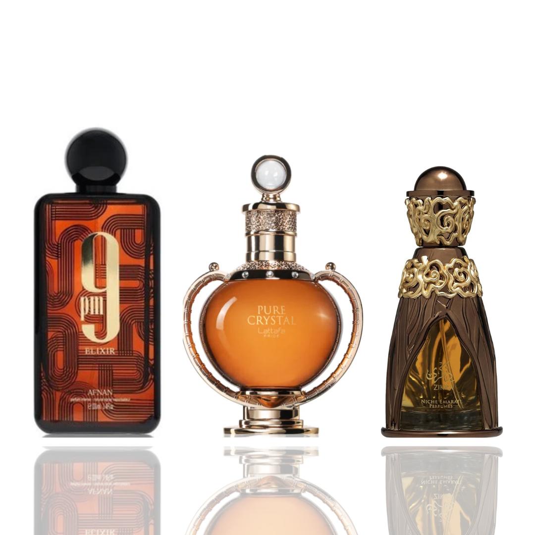 9pm Elixir + Crystal + 1 More — 3-Piece Bundle by Qamare — Authentic Arabic Fragrance | Qamare