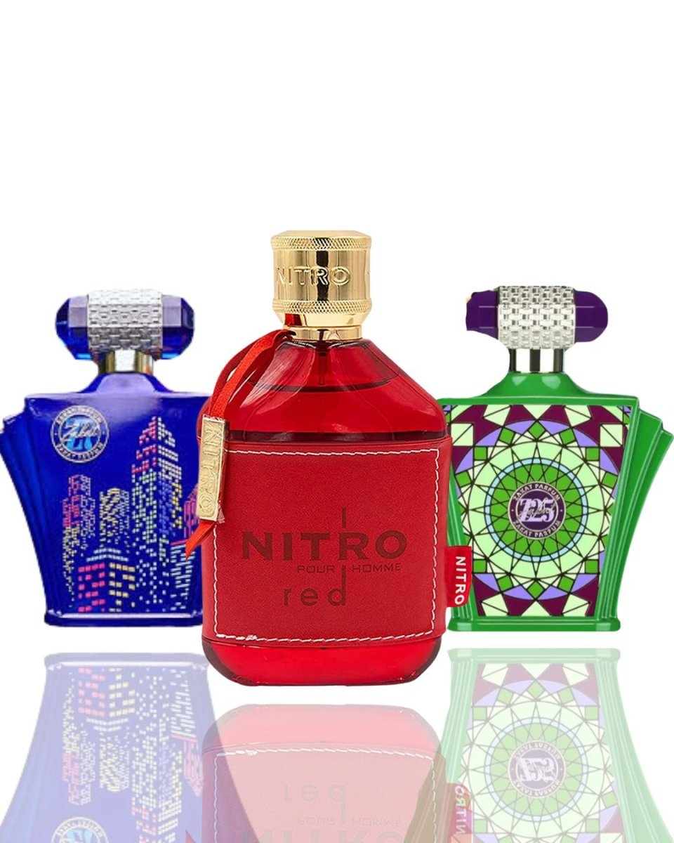 Nitro Red + Zakat Z7 + 1 More — 3-Piece Bundle by Qamare — Authentic Arabic Fragrance | Qamare