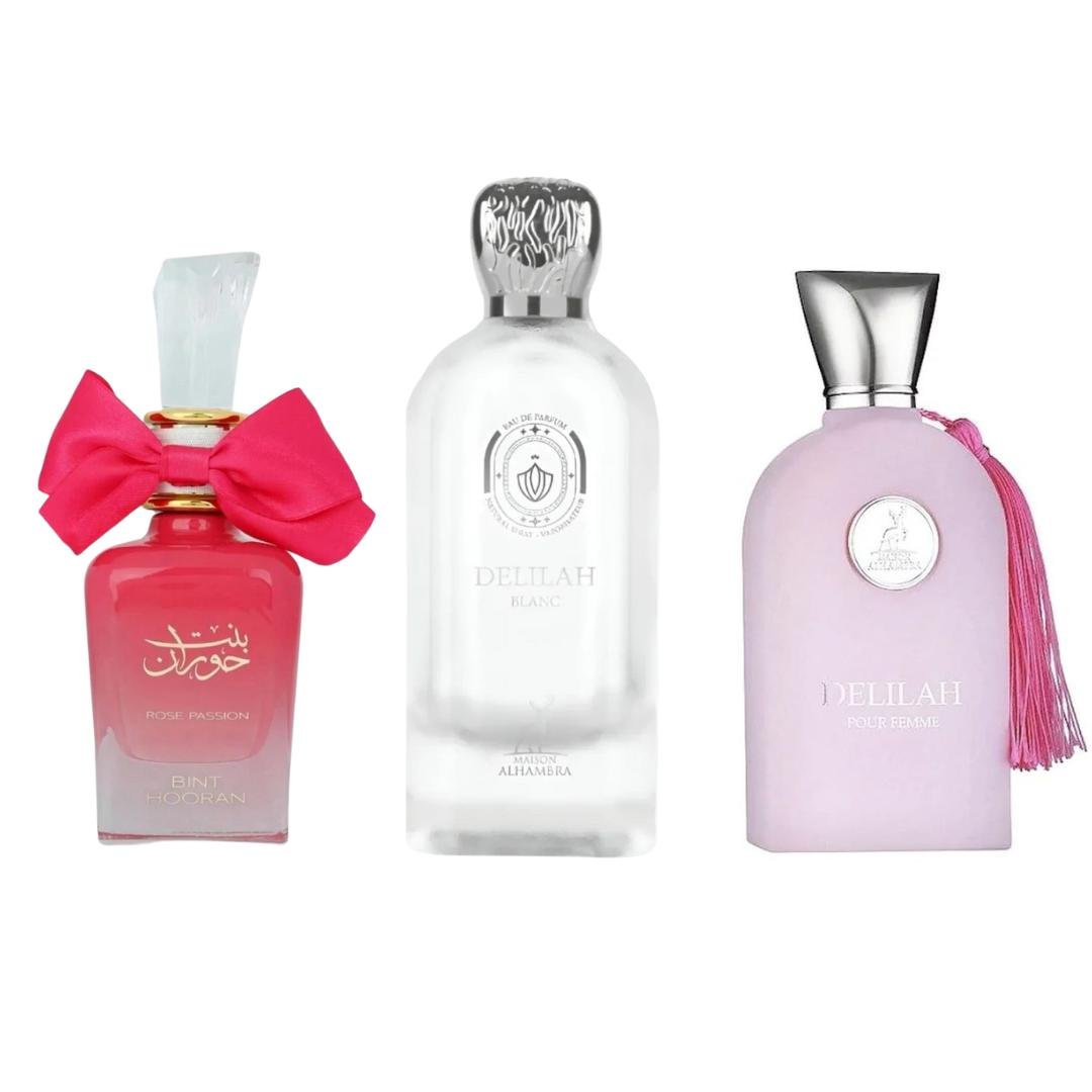 Delilah Blanc + Delilah Pour Femme + 1 More — 3-Piece Bundle by Qamare — Authentic Arabic Fragrance | Qamare