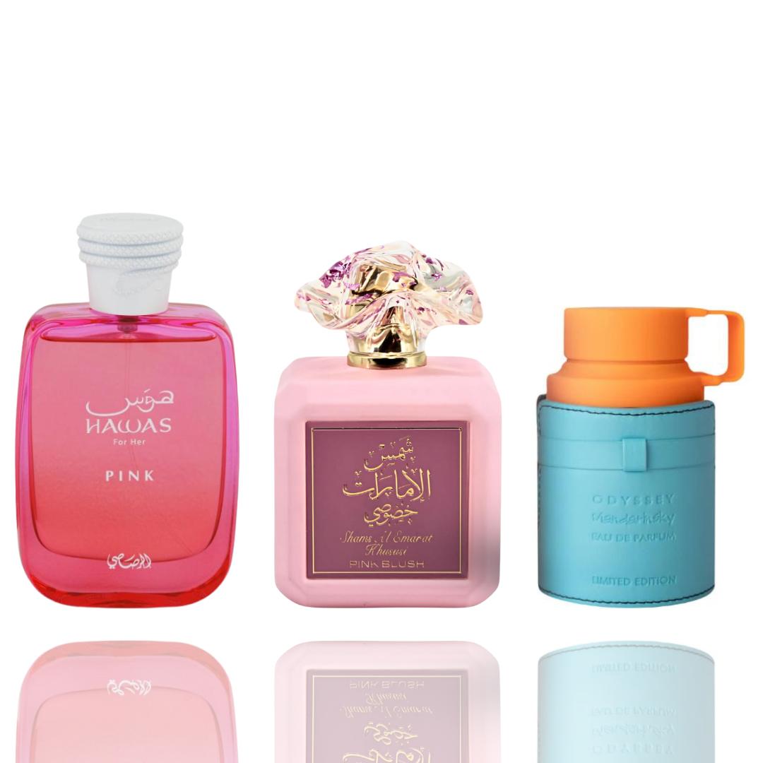 Hawas Pink + Shams Al Emerat + 1 More — 3-Piece Bundle by Qamare — Authentic Arabic Fragrance | Qamare