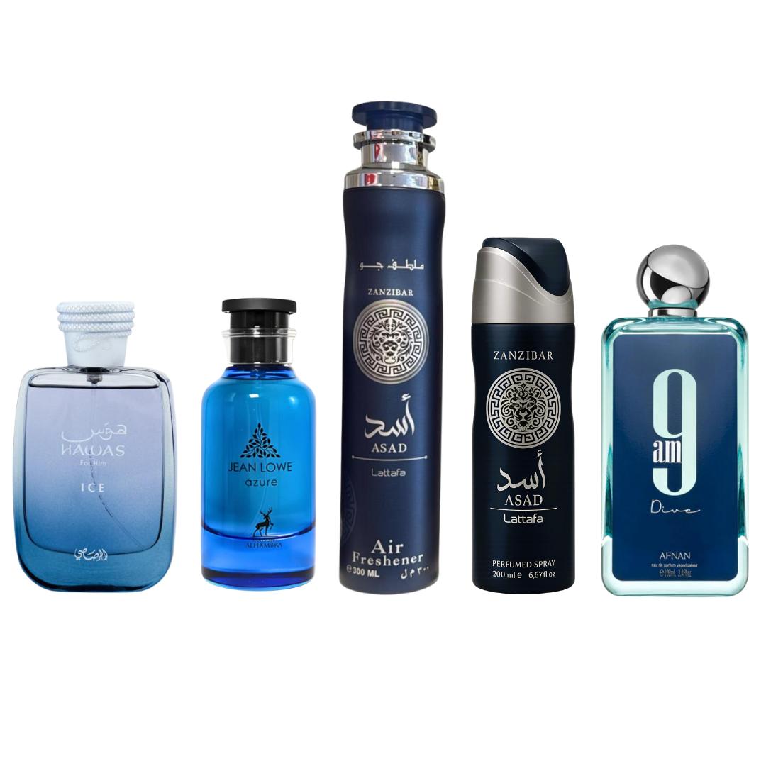 Hawas Ice + Jean Lowe Azure + 3 More — 5-Piece Bundle by Qamare — Authentic Arabic Fragrance | Qamare