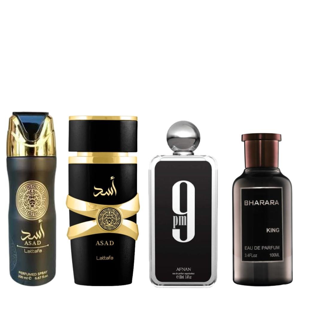 Lattafa Brarah King + Afnan 9pm + 2 More — 4-Piece Bundle by Lattafa — Authentic Arabic Fragrance | Qamare