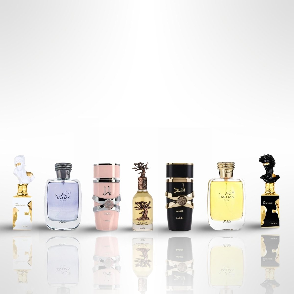Rasasi Her Confession + His Confession + 5 More — 7-Piece Bundle by Rasasi — Authentic Arabic Fragrance | Qamare