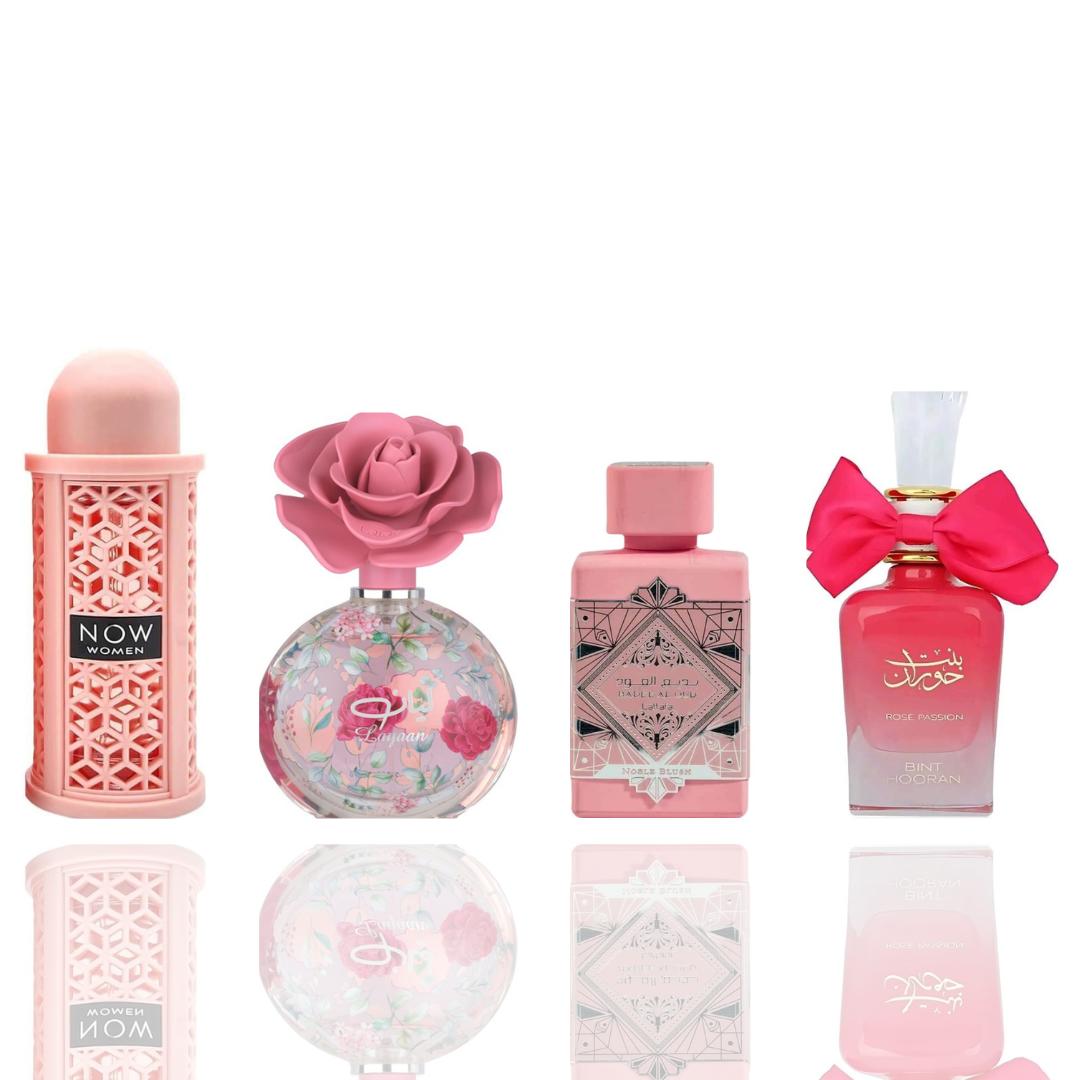 Now Pink + Layaan + 2 More — 4-Piece Bundle by Qamare — Authentic Arabic Fragrance | Qamare