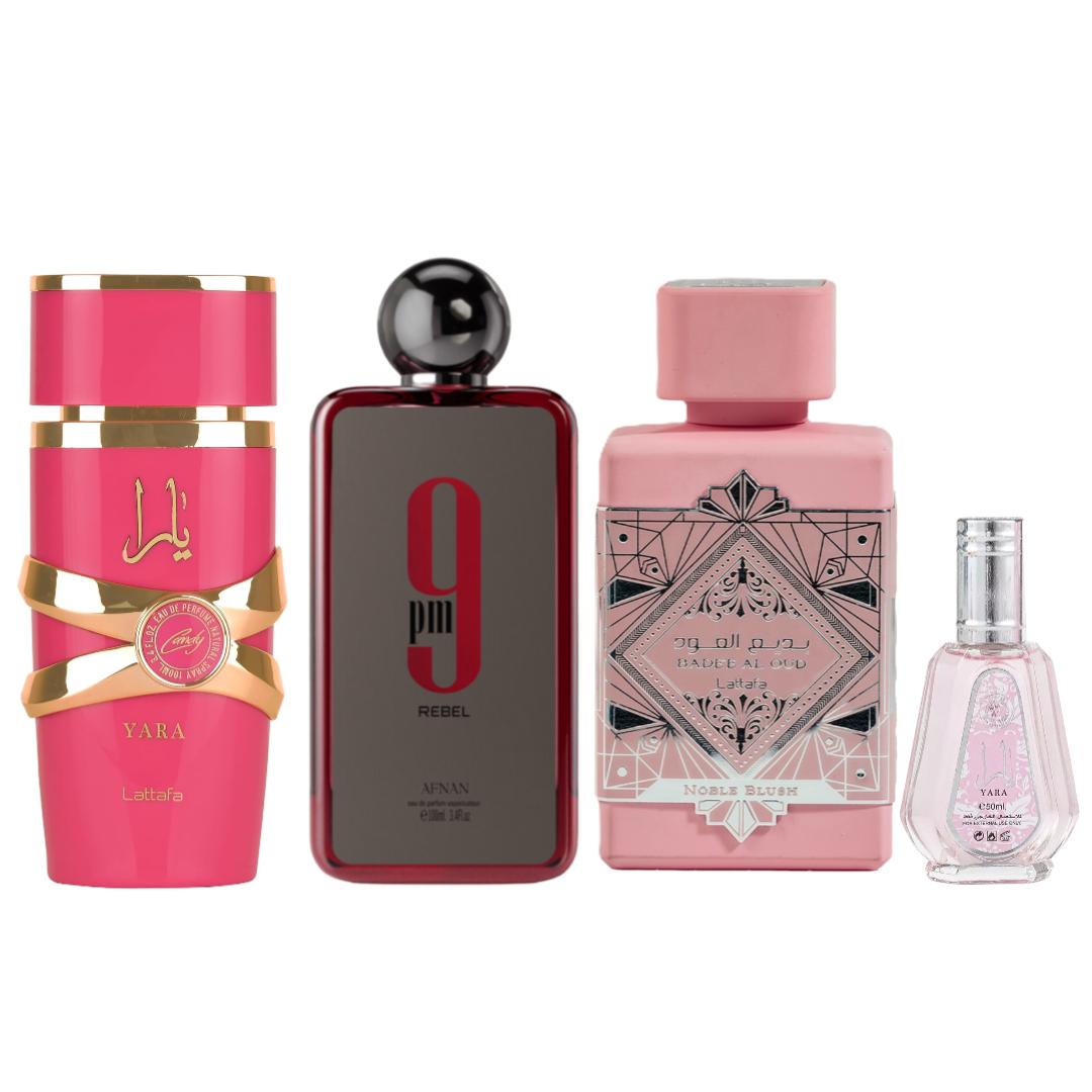 Lattafa 9pm Rebel + Yara Candy + 2 More — 4-Piece Bundle by Lattafa — Authentic Arabic Fragrance | Qamare