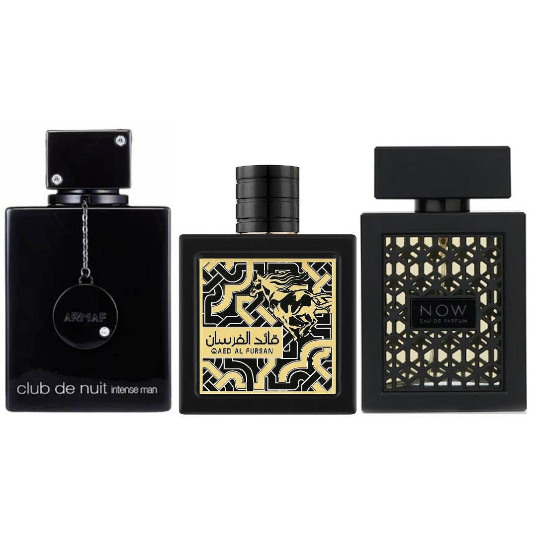 Rave Now Black + Club De Nuit Intense + 1 More — 3-Piece Bundle by Qamare — Authentic Arabic Fragrance | Qamare
