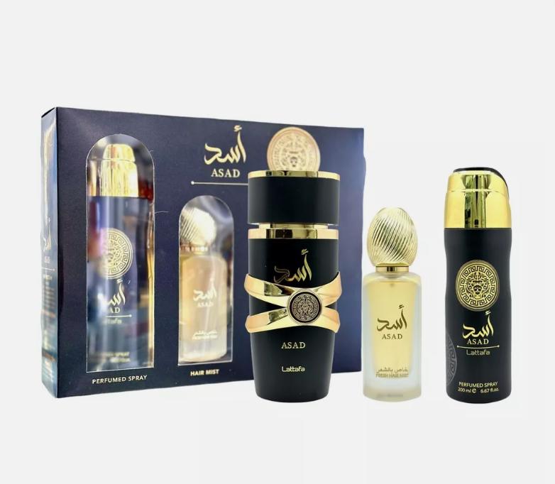 Lattafa Asad Pcs Gift Set + Body + 1 More — 3-Piece Bundle by Lattafa — Authentic Arabic Fragrance | Qamare