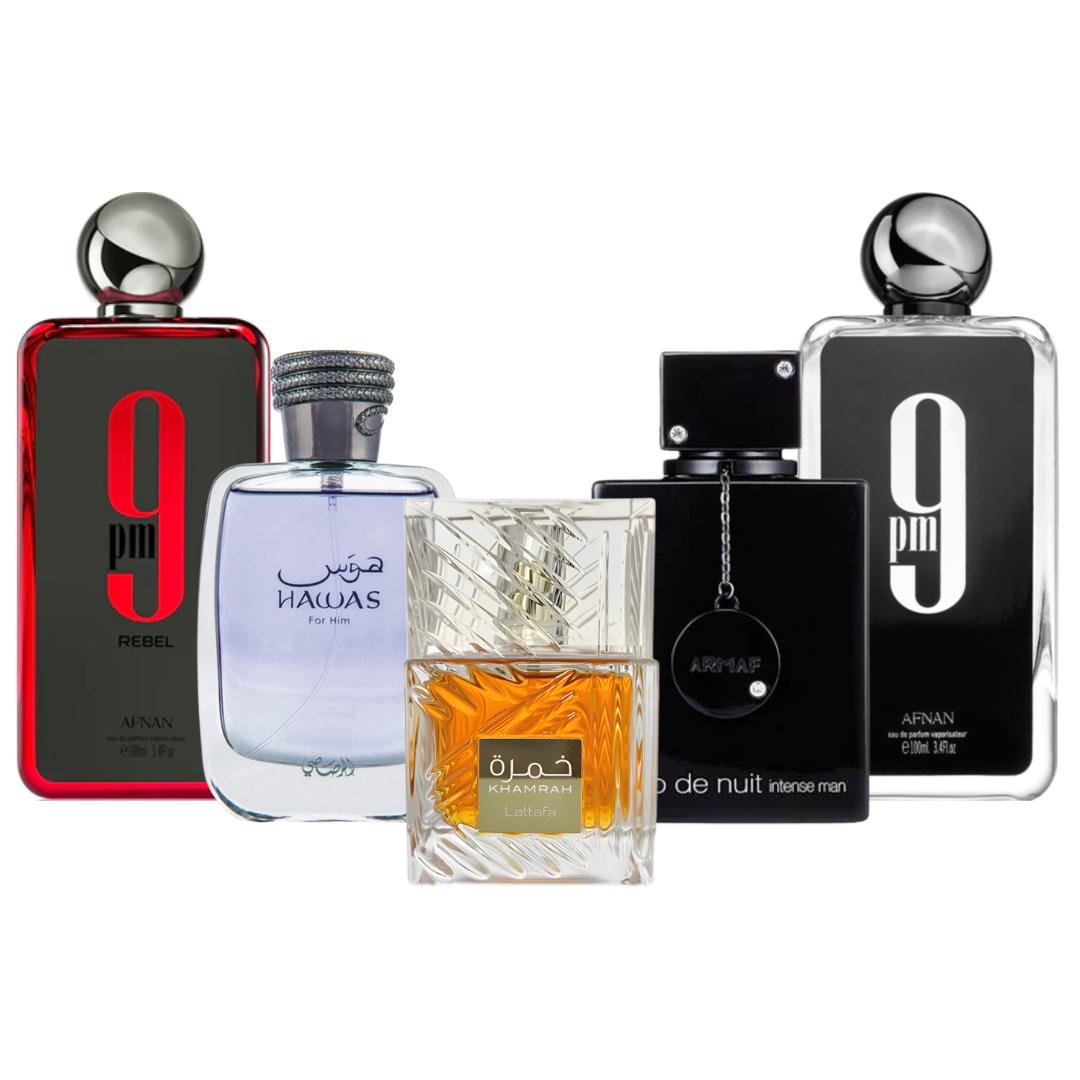 Lattafa 9pm + 9pm Rebel + 3 More — 5-Piece Bundle by Lattafa — Authentic Arabic Fragrance | Qamare