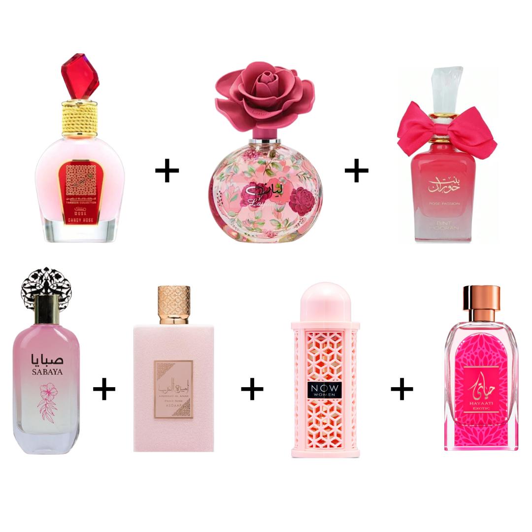 Musk Candy Rose + Layaan + 5 More — 7-Piece Bundle by Qamare — Authentic Arabic Fragrance | Qamare