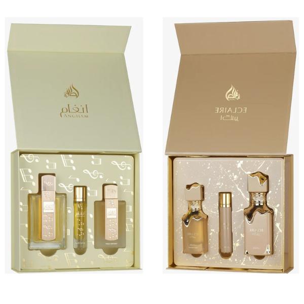 Angham 3pc Gift Set + Eclaire 3pcs Gift Set — 2-Piece Set by Qamare — Authentic Arabic Fragrance | Qamare