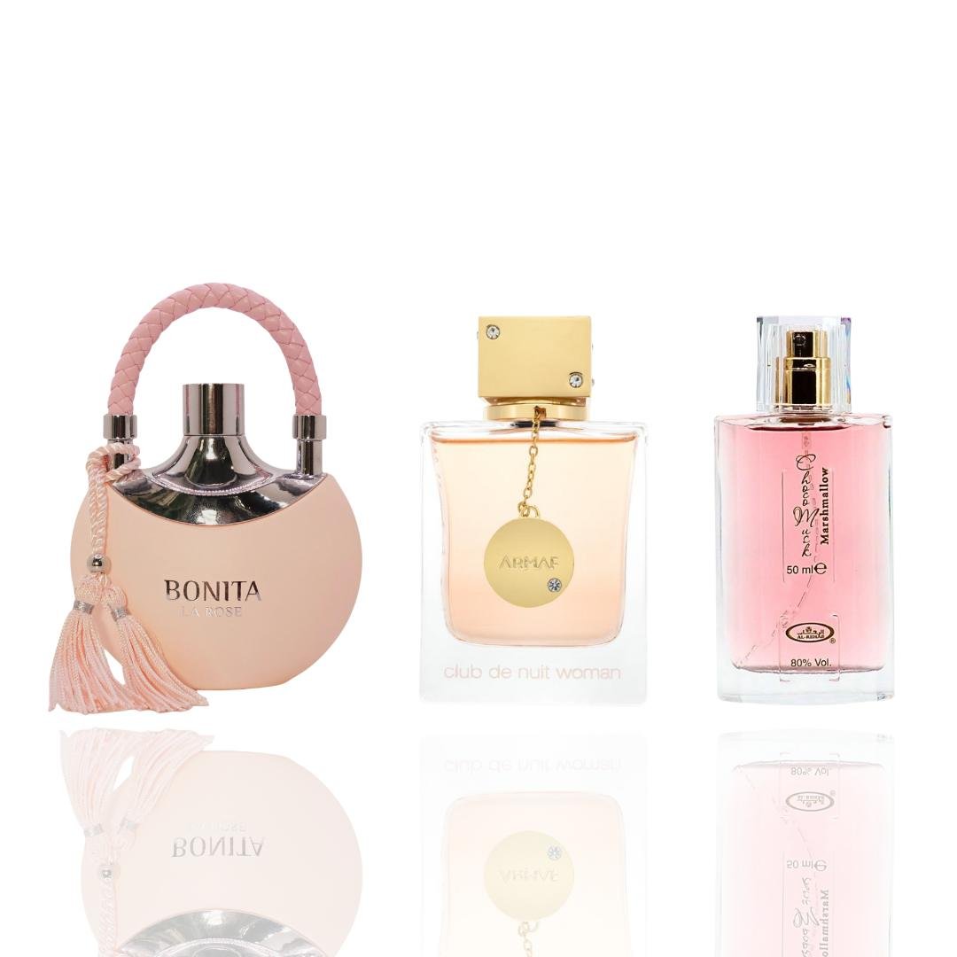 Choco Musk Marshmallow + Bonita La Rose + 1 More — 3-Piece Bundle by Qamare — Authentic Arabic Fragrance | Qamare