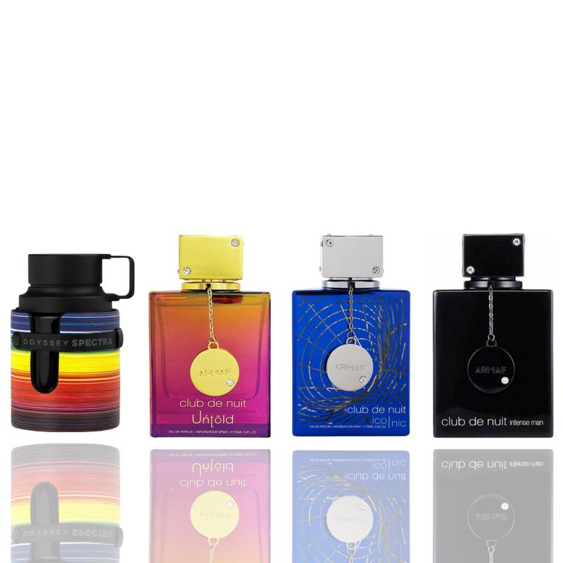 Armaf Men's 4-Piece Gift Set (Club de Nuit Untold, Blue Iconic, Intense Man, Odyssey Spectra) by Armaf — Authentic Arabic Fragrance | Qamare