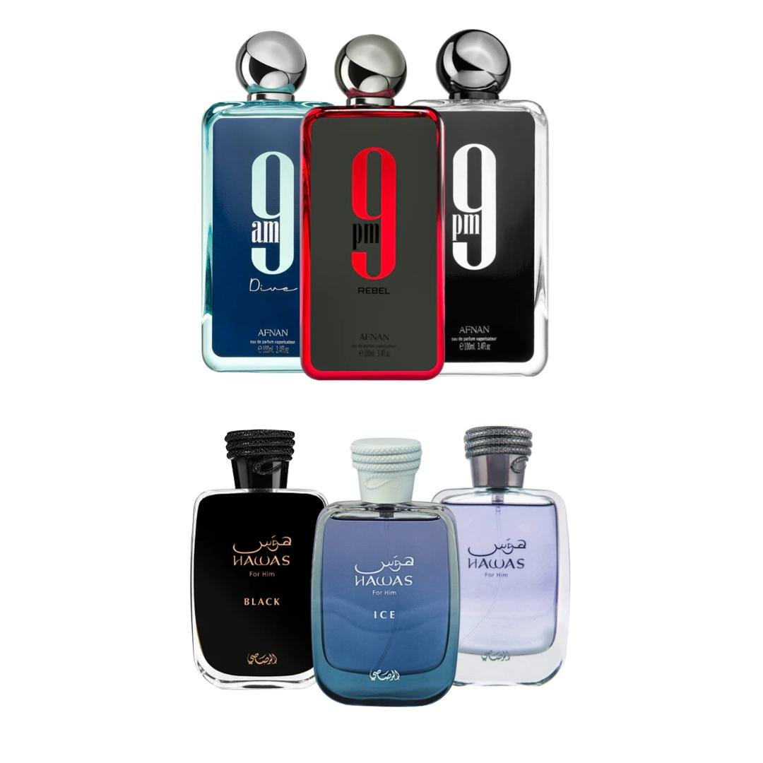 Afnan 9pm REBEL + 9am Dive + 4 More — 6-Piece Bundle by Afnan — Authentic Arabic Fragrance | Qamare