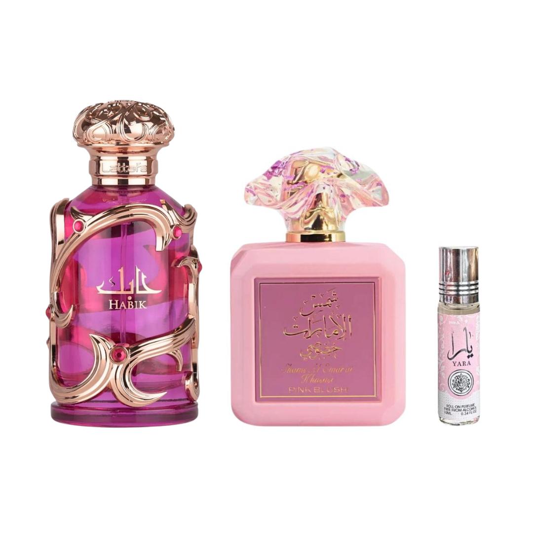 Habik Women + Shams Al Emarat Pink Blush + 1 More — 3-Piece Bundle by Qamare — Authentic Arabic Fragrance | Qamare