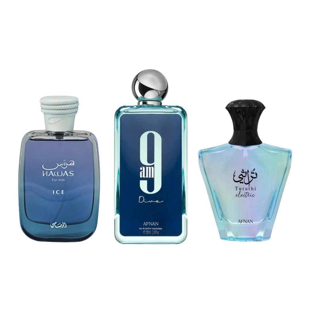 Hawas Ice + Turathi Electric + 1 More — 3-Piece Bundle by Qamare — Authentic Arabic Fragrance | Qamare