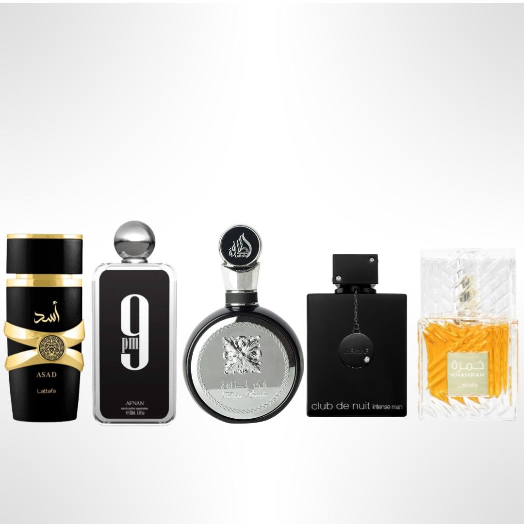 Lattafa Fakhar + Khamrah + 3 More — 5-Piece Bundle by Lattafa — Authentic Arabic Fragrance | Qamare