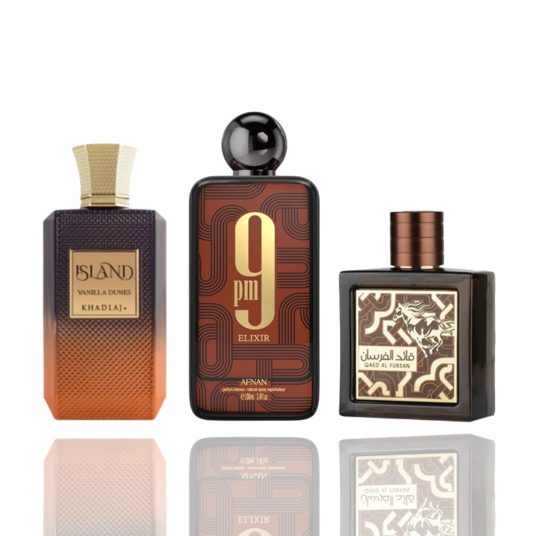 9pm Elixir + Island Vanilla Dune + Qaed Al Fursan Untamed Eau de by Qamare — Authentic Arabic Fragrance | Qamare