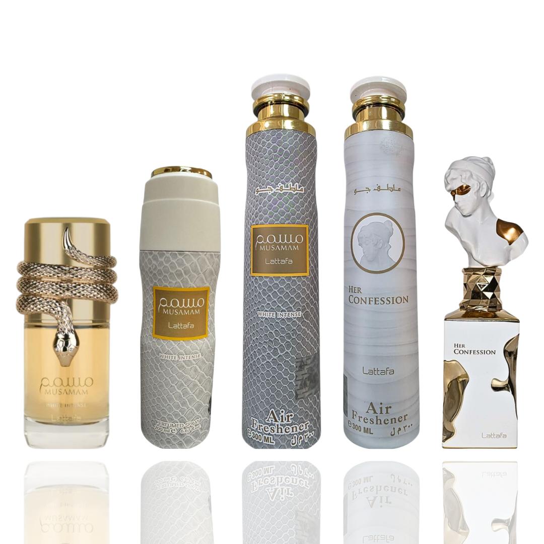 Musamam White + Musamam Deodorant + 3 More — 5-Piece Bundle by Qamare — Authentic Arabic Fragrance | Qamare