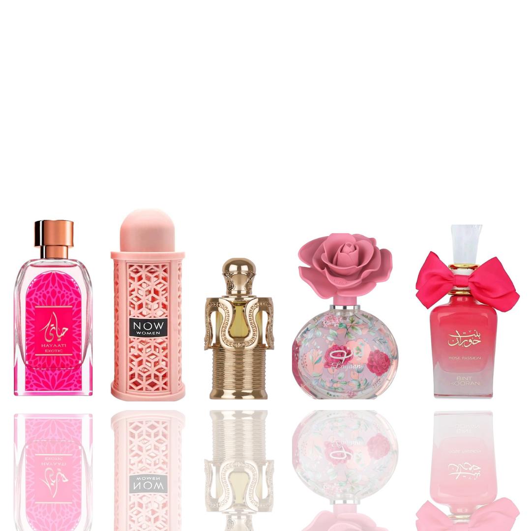 Hayaati Exotic + Now Pink + 3 More — 5-Piece Bundle by Qamare — Authentic Arabic Fragrance | Qamare