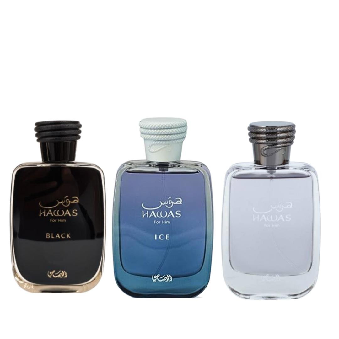 Rasasi Hawas + Hawas Ice + 1 More — 3-Piece Bundle by Rasasi — Authentic Arabic Fragrance | Qamare