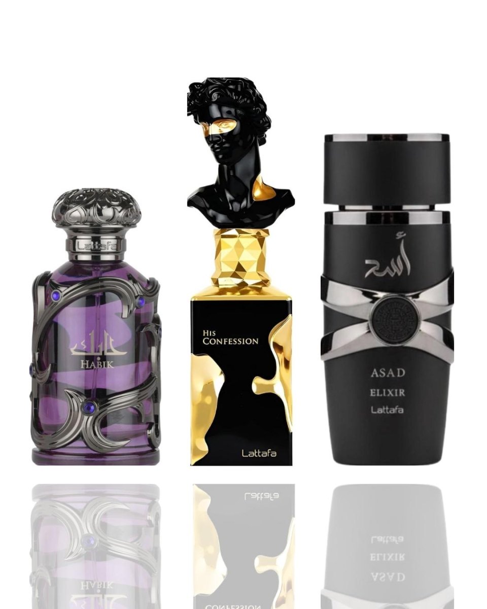 Habik Men + His Confession + 1 More — 3-Piece Bundle by Qamare — Authentic Arabic Fragrance | Qamare