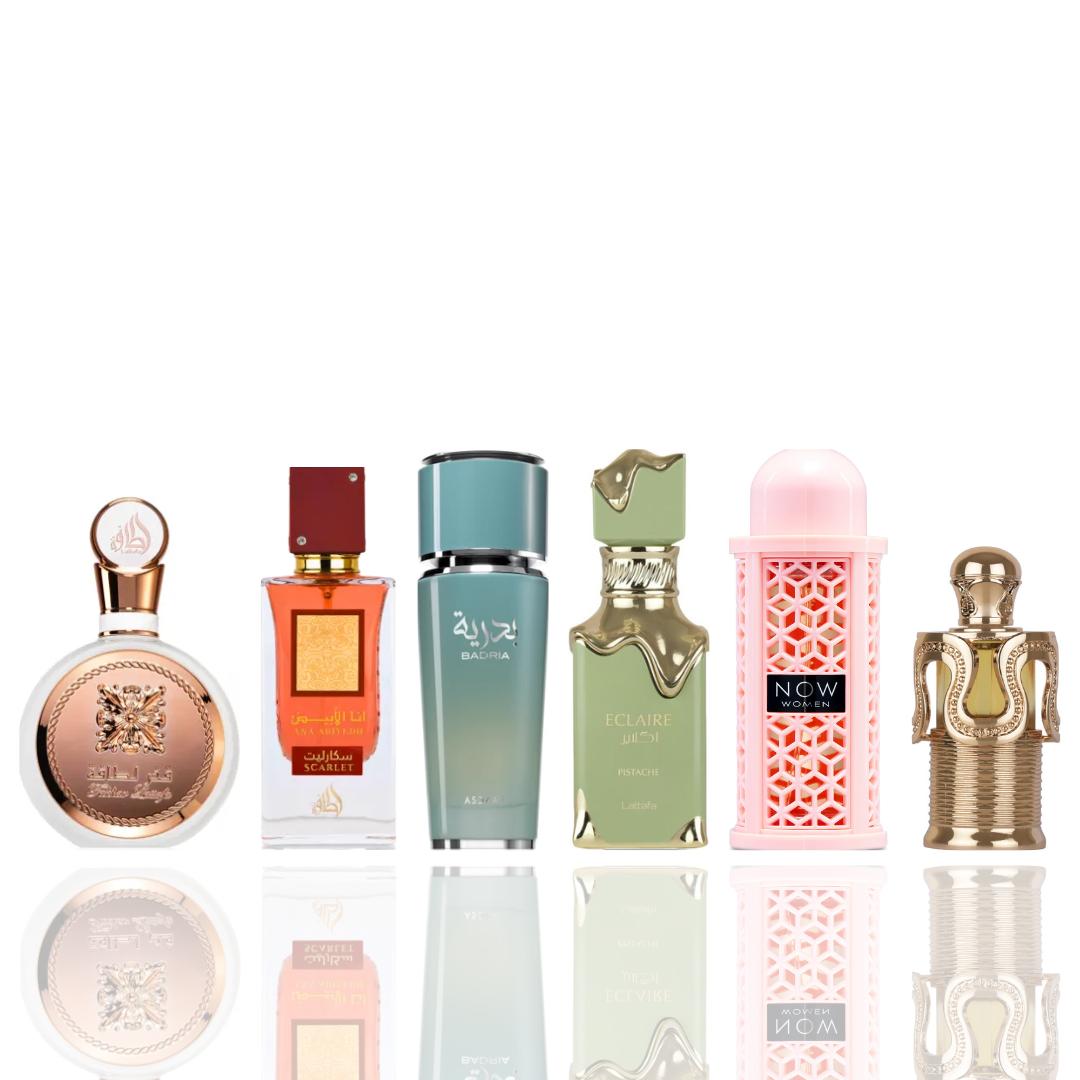 Lattafa Fakhar Woman + Ana Abiyedh Rouge + 4 More — 6-Piece Bundle by Lattafa — Authentic Arabic Fragrance | Qamare